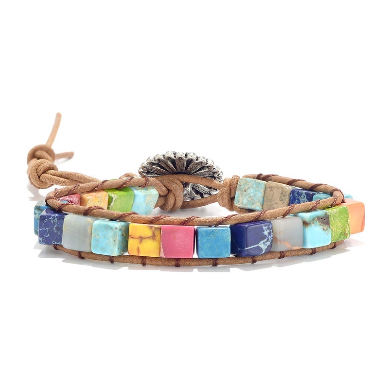 sedmart 7 Chakra Bracelets for Women with Real Stones Leather Wrap Healing Bead Bracelet Women Men Boho Friendship Jewelryâ€¦ (Flower Button & Square Stone) - Image 3